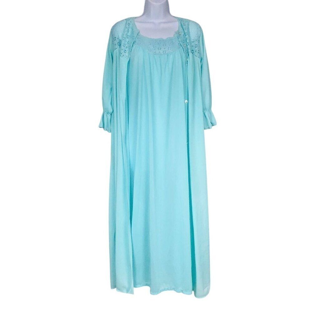 Vintage 70s Peignoir Berkliff Nightgown Robe Womens M Blue Lace Nylon